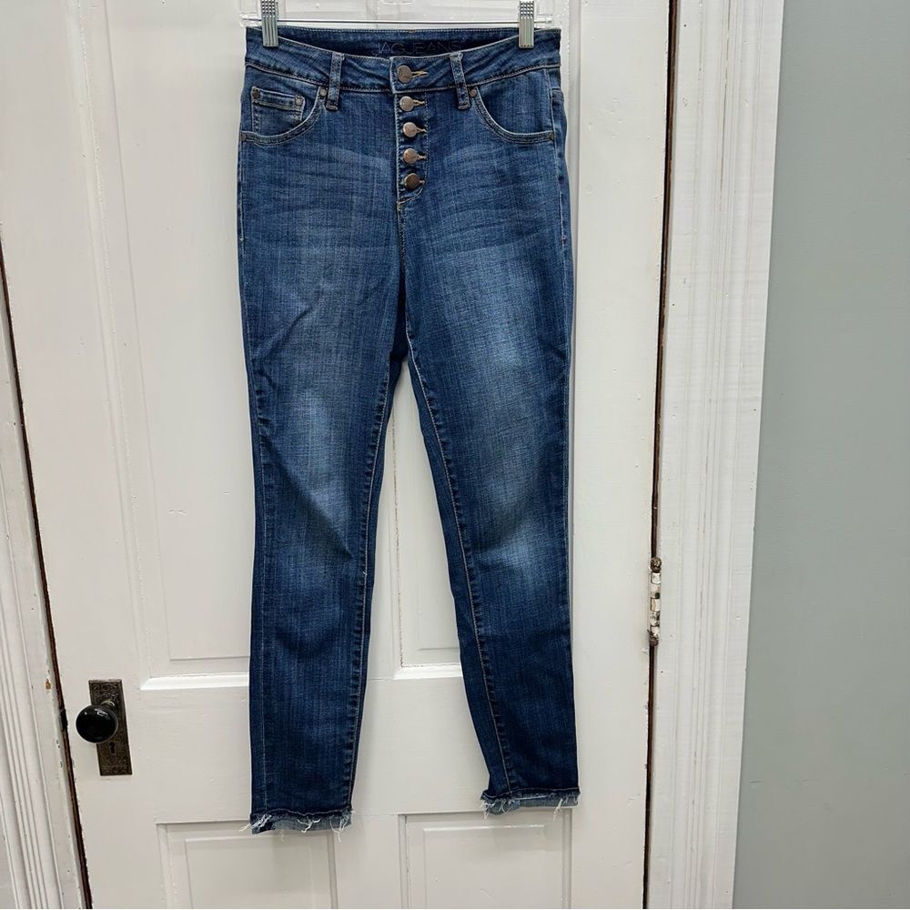 Jag button fly high rise raw hem skinny denim jeans women's 4 fold over‎ raw hem